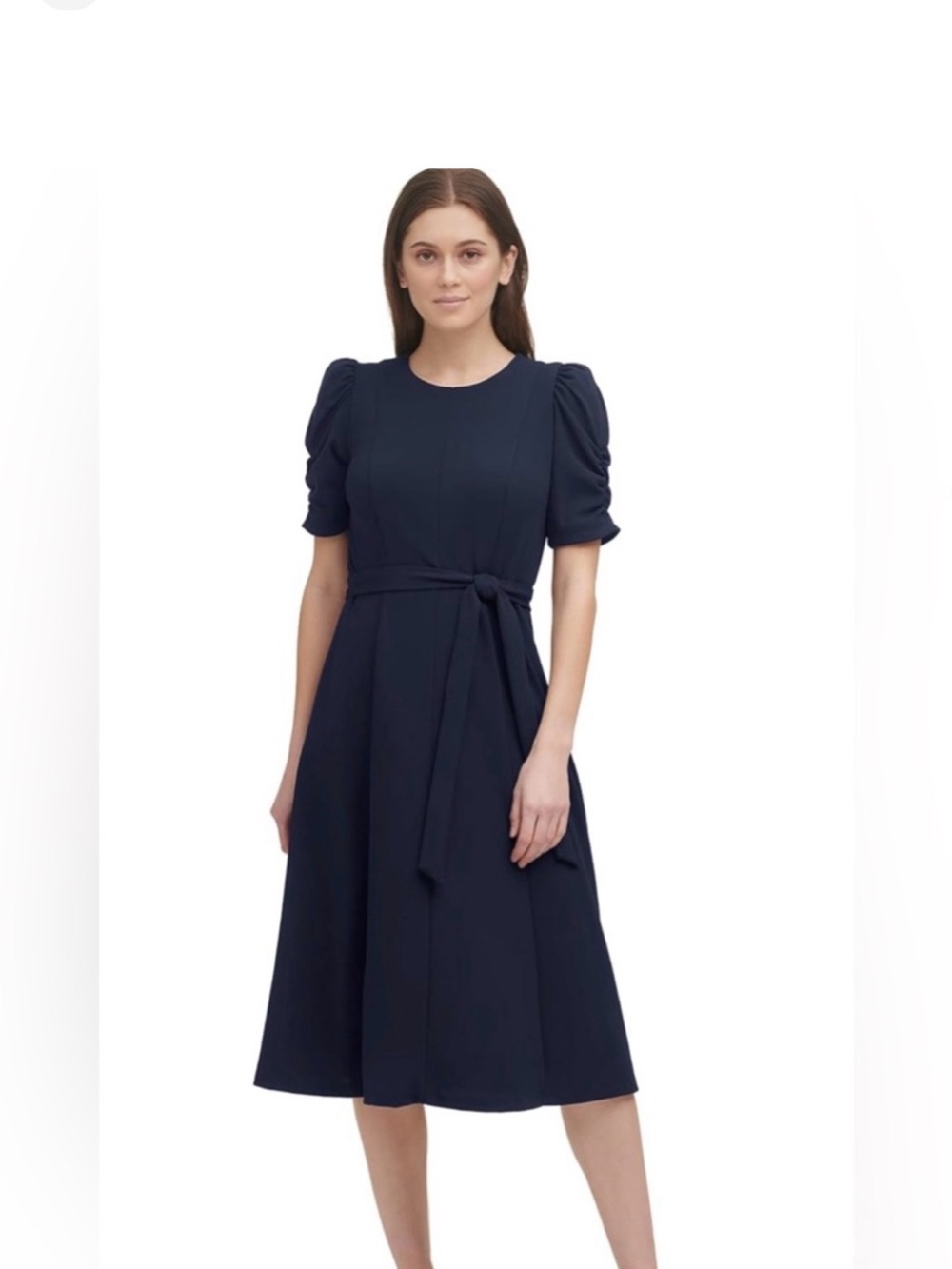 DKNY Navy Puff-Sleeve Tie-Waist Midi Dress